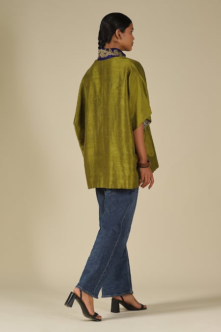 Shop_LATHA PUTTANNA_Olive Green Silk Embroidery Mandarin Collar Thread Top _Online_at_Aza_Fashions