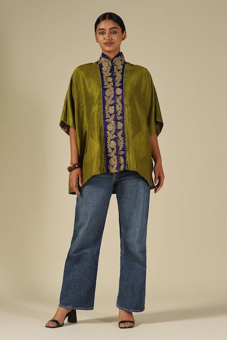 LATHA PUTTANNA_Olive Green Silk Embroidery Mandarin Collar Thread Top _at_Aza_Fashions