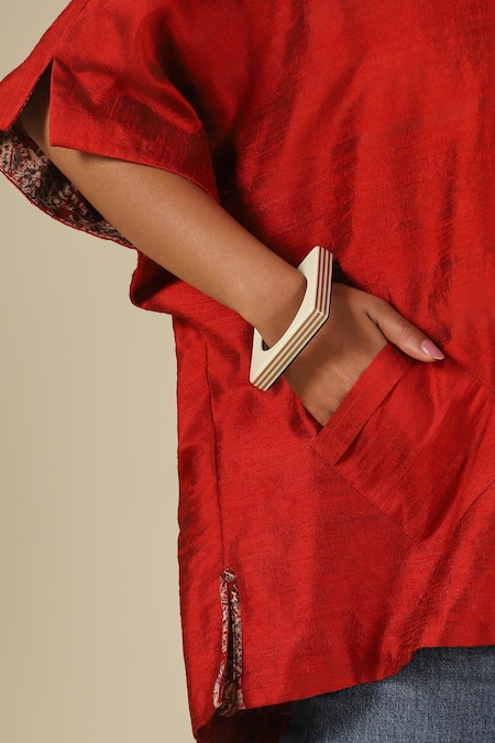 LATHA PUTTANNA_Red Silk Embroidery Mandarin Collar Thread Top _Online_at_Aza_Fashions