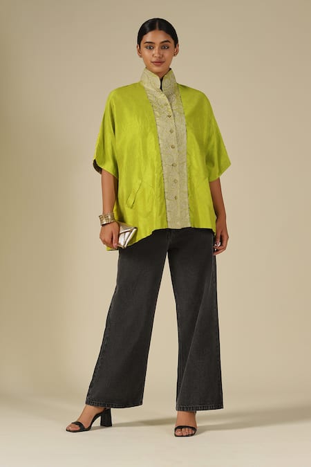 LATHA PUTTANNA_Green Silk Embroidery Mandarin Collar Thread Top _Online_at_Aza_Fashions