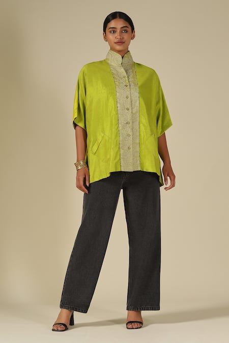 LATHA PUTTANNA_Green Silk Embroidery Mandarin Collar Thread Top _at_Aza_Fashions