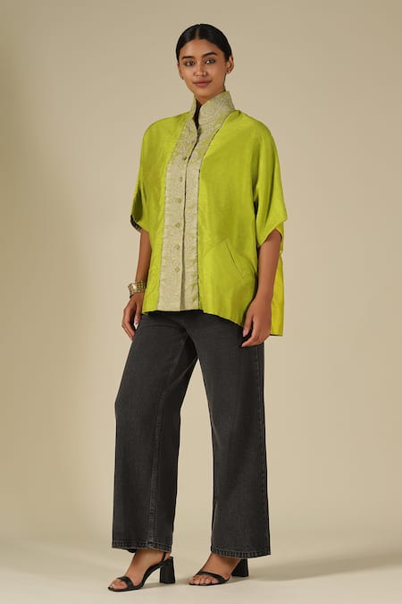 Buy_LATHA PUTTANNA_Green Silk Embroidery Mandarin Collar Thread Top 