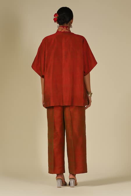 LATHA PUTTANNA_Red Silk Embroidery Mandarin Collar Thread Top _Online_at_Aza_Fashions
