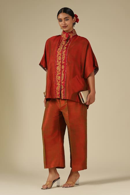 Buy_LATHA PUTTANNA_Red Silk Embroidery Mandarin Collar Thread Top _Online_at_Aza_Fashions