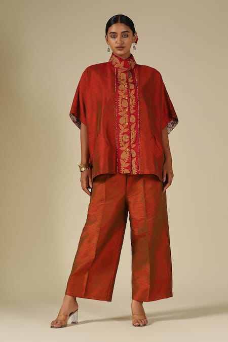 Shop_LATHA PUTTANNA_Red Silk Embroidery Mandarin Collar Thread Top _Online_at_Aza_Fashions