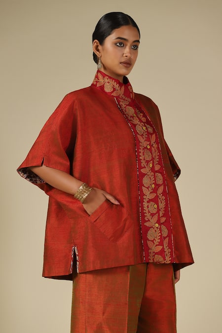 LATHA PUTTANNA_Red Silk Embroidery Mandarin Collar Thread Top _at_Aza_Fashions