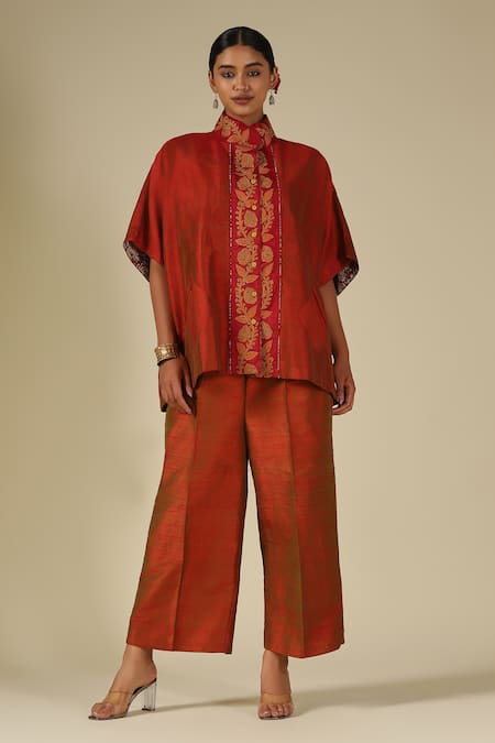 Shop_LATHA PUTTANNA_Red Silk Embroidery Mandarin Collar Thread Top 