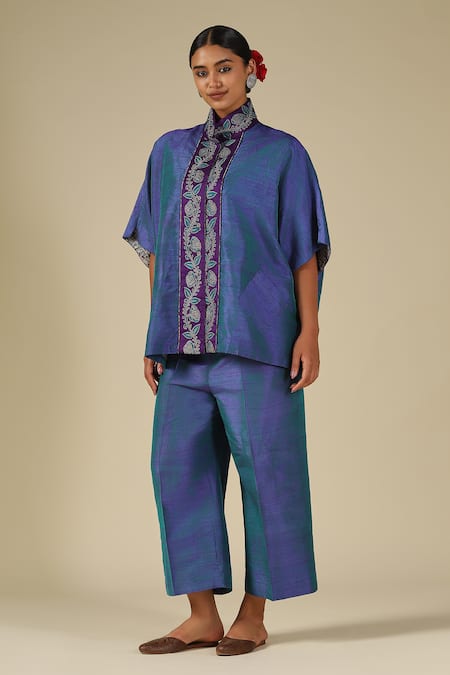 Buy LATHA PUTTANNA Teal Silk Embroidery Mandarin Collar Placket Top Online at Aza Fashions Buy_LATHA PUTTANNA_Teal Silk Embroidery Mandarin Collar Placket Top _Online_at_Aza_Fashions