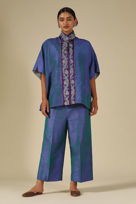 Shop LATHA PUTTANNA Teal Silk Embroidery Mandarin Collar Placket Top Online at Aza Fashions Shop_LATHA PUTTANNA_Teal Silk Embroidery Mandarin Collar Placket Top _Online_at_Aza_Fashions