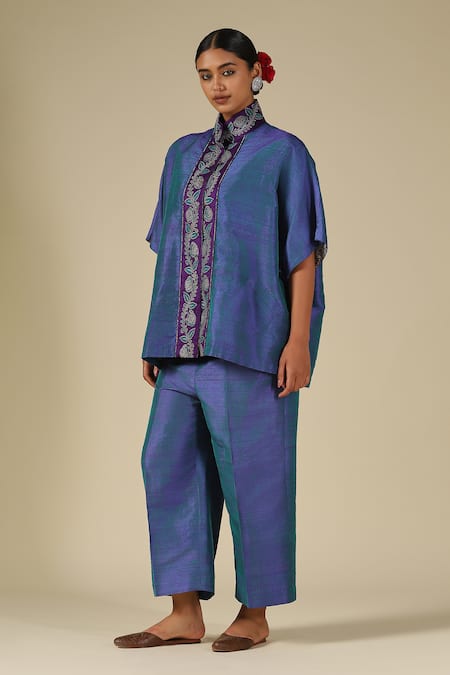 LATHA PUTTANNA Teal Silk Embroidery Mandarin Collar Placket Top at Aza Fashions LATHA PUTTANNA_Teal Silk Embroidery Mandarin Collar Placket Top _at_Aza_Fashions