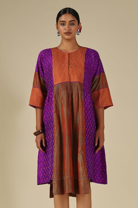 LATHA PUTTANNA_Purple Silk Embroidery Round Neck Threadwork Dress _Online_at_Aza_Fashions