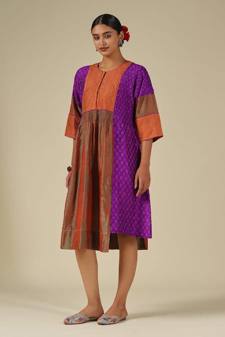 Shop_LATHA PUTTANNA_Purple Silk Embroidery Round Neck Threadwork Dress _Online_at_Aza_Fashions