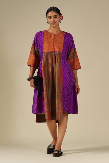 LATHA PUTTANNA_Purple Silk Embroidery Round Neck Threadwork Dress _at_Aza_Fashions