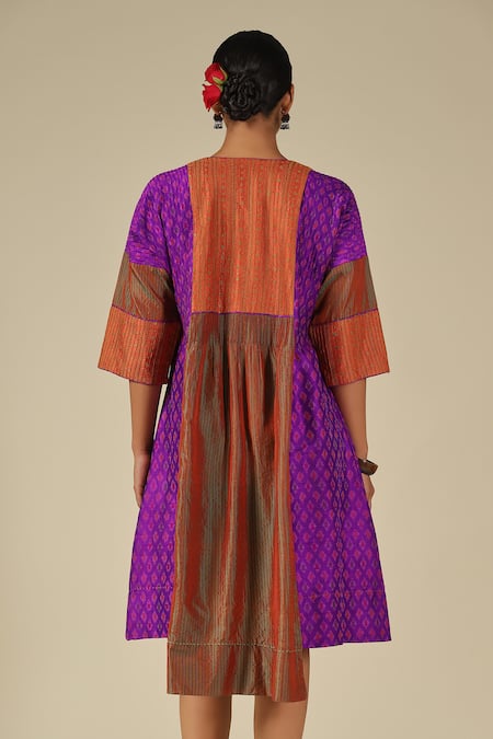 Buy_LATHA PUTTANNA_Purple Silk Embroidery Round Neck Threadwork Dress 