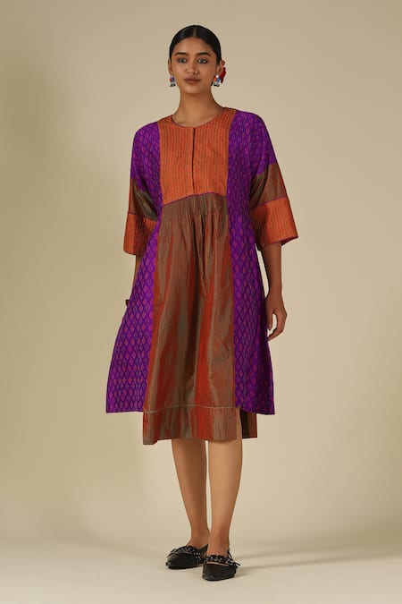 Shop_LATHA PUTTANNA_Purple Silk Embroidery Round Neck Threadwork Dress 