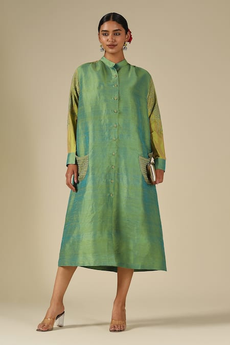 LATHA PUTTANNA Thread Embroidered Raw Silk Dress 