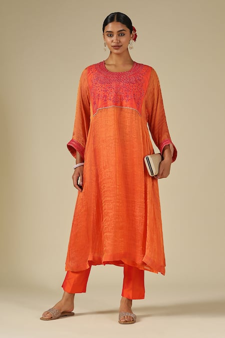 LATHA PUTTANNA Raw Silk Hand Embroidered Kurta & Pant Set 