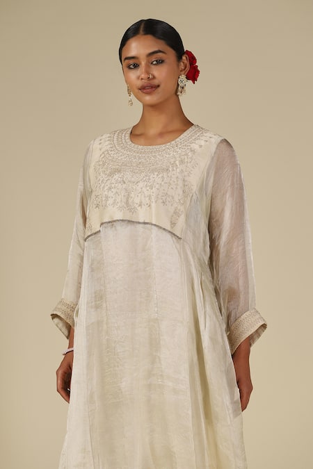 LATHA PUTTANNA_Ivory Silk, Cotton, Organza, Tissue Embroidery Round Neck, Yes Thread Kurta Set _Online_at_Aza_Fashions