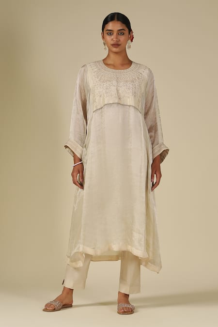 Buy_LATHA PUTTANNA_Ivory Silk, Cotton, Organza, Tissue Embroidery Round Neck, Yes Thread Kurta Set _Online_at_Aza_Fashions
