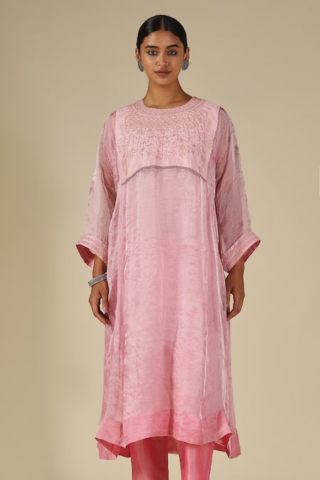 LATHA PUTTANNA_Pink Silk, Cotton, Organza Embroidery Round Neck Thread Kurta Set _Online_at_Aza_Fashions