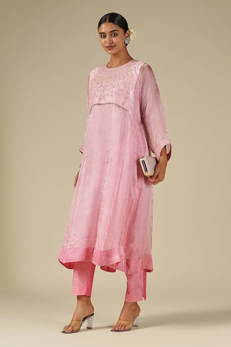 Buy_LATHA PUTTANNA_Pink Silk, Cotton, Organza Embroidery Round Neck Thread Kurta Set _Online_at_Aza_Fashions
