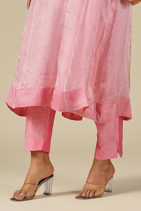 Shop_LATHA PUTTANNA_Pink Silk, Cotton, Organza Embroidery Round Neck Thread Kurta Set _Online_at_Aza_Fashions