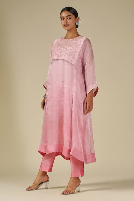 LATHA PUTTANNA_Pink Silk, Cotton, Organza Embroidery Round Neck Thread Kurta Set _at_Aza_Fashions