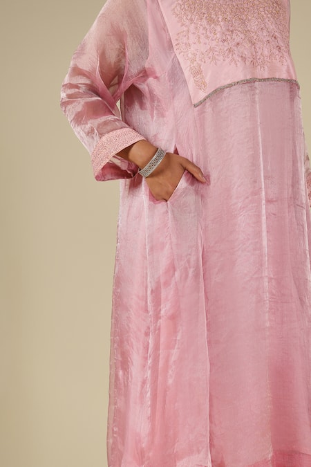 Shop_LATHA PUTTANNA_Pink Silk, Cotton, Organza Embroidery Round Neck Thread Kurta Set 