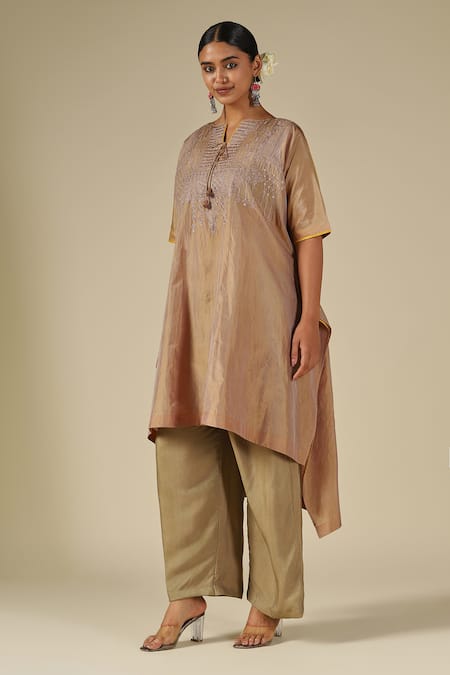 Shop_LATHA PUTTANNA_Taupe Silk, Cotton Embroidery, Mirrors Split V-neck Thread Kurta Set _Online_at_Aza_Fashions