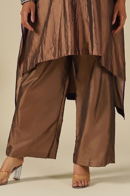 Shop_LATHA PUTTANNA_Brown Silk, Cotton Embroidery, Mirrors Split V-neck, Yes Thread Kurta Set _Online_at_Aza_Fashions