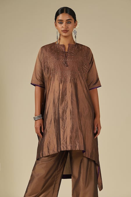 Buy_LATHA PUTTANNA_Brown Silk, Cotton Embroidery, Mirrors Split V-neck, Yes Thread Kurta Set 