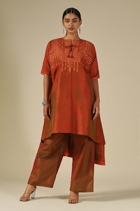 LATHA PUTTANNA Embroidered Raw Silk Yoke Kurta & Pant Set 
