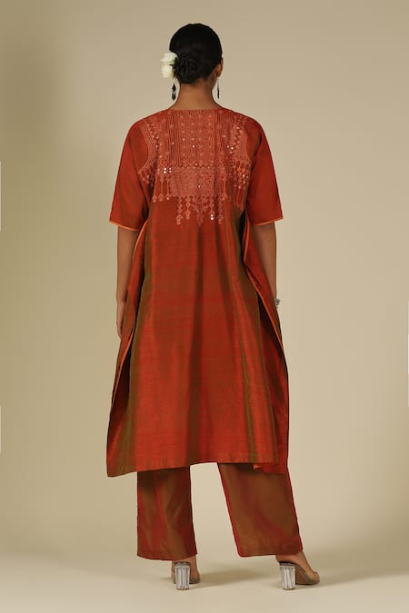 LATHA PUTTANNA Embroidered Raw Silk Yoke Kurta & Pant Set 