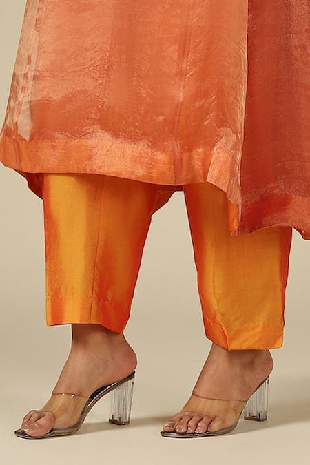 LATHA PUTTANNA_Orange Silk, Cotton, Organza, Tissue V-neck, Yes Contrast Yoke Kurta Set _Online_at_Aza_Fashions