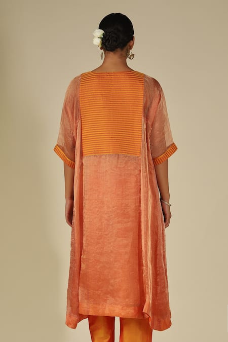 Buy_LATHA PUTTANNA_Orange Silk, Cotton, Organza, Tissue V-neck, Yes Contrast Yoke Kurta Set _Online_at_Aza_Fashions