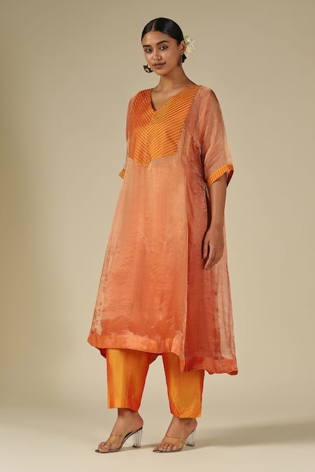 Shop_LATHA PUTTANNA_Orange Silk, Cotton, Organza, Tissue V-neck, Yes Contrast Yoke Kurta Set _Online_at_Aza_Fashions