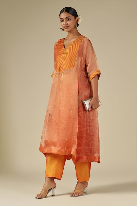 LATHA PUTTANNA_Orange Silk, Cotton, Organza, Tissue V-neck, Yes Contrast Yoke Kurta Set _at_Aza_Fashions