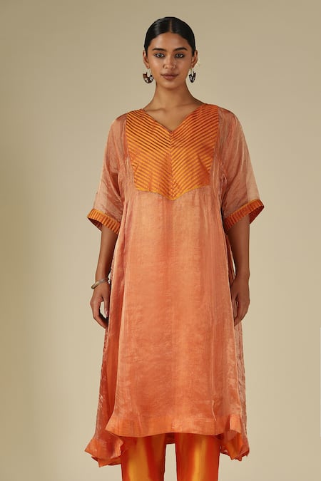 Buy_LATHA PUTTANNA_Orange Silk, Cotton, Organza, Tissue V-neck, Yes Contrast Yoke Kurta Set 