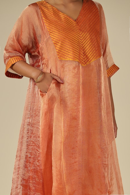 Shop_LATHA PUTTANNA_Orange Silk, Cotton, Organza, Tissue V-neck, Yes Contrast Yoke Kurta Set 