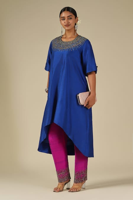 LATHA PUTTANNA_Blue Silk Beads Round Neck, Yes Embellishment Kurta Set _Online_at_Aza_Fashions