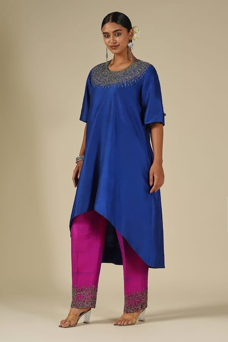 Buy_LATHA PUTTANNA_Blue Silk Beads Round Neck, Yes Embellishment Kurta Set _Online_at_Aza_Fashions