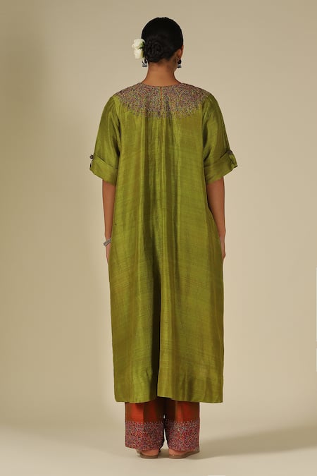 LATHA PUTTANNA Bead Embellished Raw Silk Kurta & Pant Set 