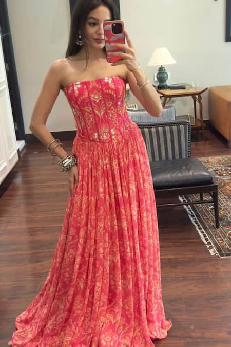 Sajeda A Lehry Floral Print Corset With Pleated Skirt 