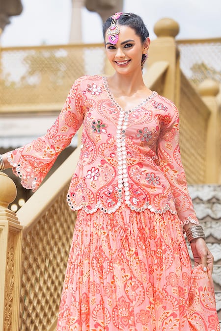 Buy Sajeda A Lehry Pink Georgette Embroidery, Mirrors V-neck Mastani Printed Jacket Lehenga Set Online at Aza Fashions Buy_Sajeda A Lehry_Pink Georgette Embroidery, Mirrors V-neck Mastani Printed Jacket Lehenga Set _Online_at_Aza_Fashions