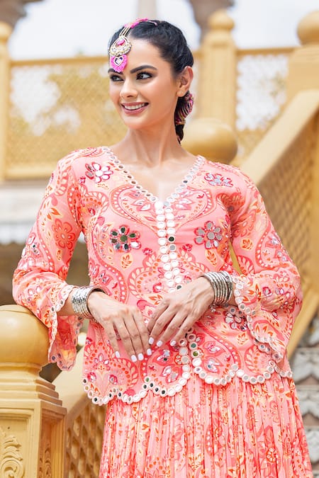 Shop Sajeda A Lehry Pink Georgette Embroidery, Mirrors V-neck Mastani Printed Jacket Lehenga Set Online at Aza Fashions Shop_Sajeda A Lehry_Pink Georgette Embroidery, Mirrors V-neck Mastani Printed Jacket Lehenga Set _Online_at_Aza_Fashions