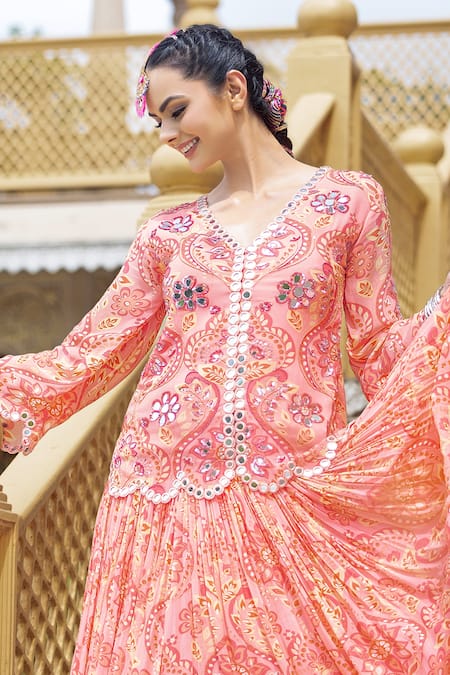 Sajeda A Lehry Pink Georgette Embroidery, Mirrors V-neck Mastani Printed Jacket Lehenga Set at Aza Fashions Sajeda A Lehry_Pink Georgette Embroidery, Mirrors V-neck Mastani Printed Jacket Lehenga Set _at_Aza_Fashions