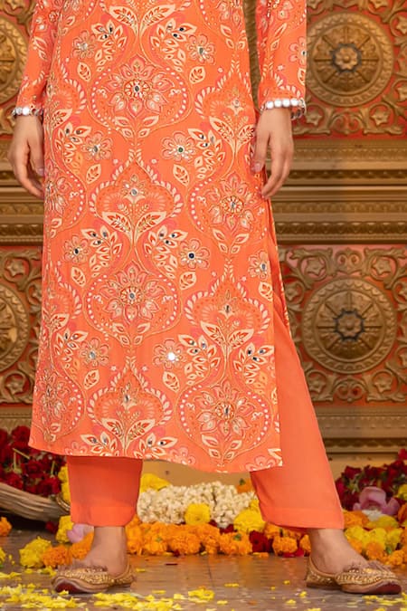 Sajeda A Lehry Orange Crepe Embroidery, Mirrors Round Neck, Yes Indu Printed Kurta Pant Set Online at Aza Fashions Sajeda A Lehry_Orange Crepe Embroidery, Mirrors Round Neck, Yes Indu Printed Kurta Pant Set _Online_at_Aza_Fashions