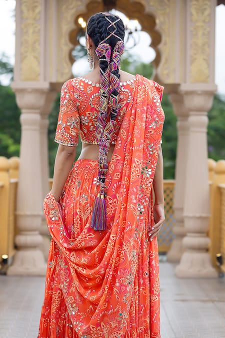 Buy_Sajeda A Lehry_Orange Georgette Embroidery, Mirrors Heer Printed Lehenga Set _Online_at_Aza_Fashions