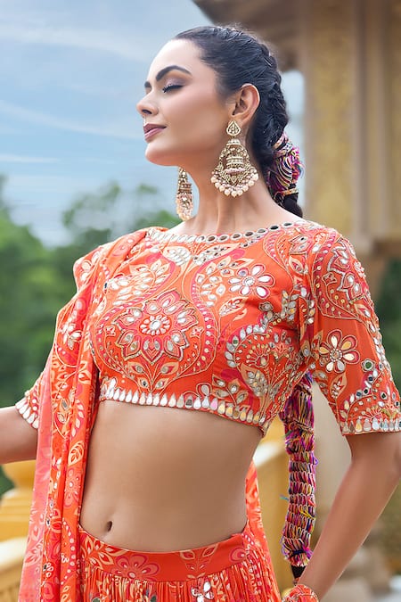 Sajeda A Lehry_Orange Georgette Embroidery, Mirrors Heer Printed Lehenga Set _at_Aza_Fashions