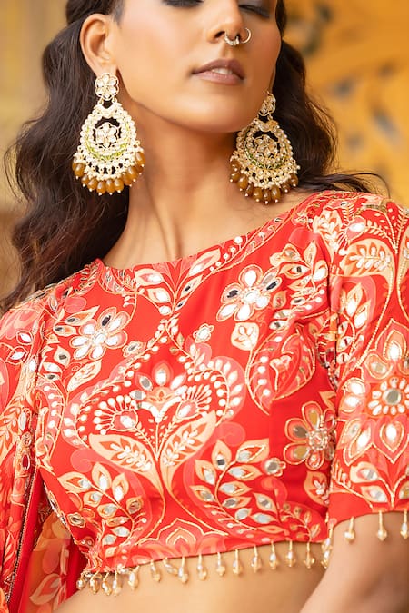 Sajeda A Lehry_Red Georgette Embroidery, Mirrors Round Neck Heer Printed Lehenga Set _Online_at_Aza_Fashions